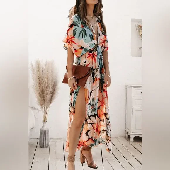 Orange Plunge Split Printed Short Sleeve Dress - Picture 2 of 7